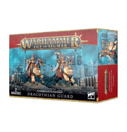 Warhammer Age of Sigmar - Stormcast Eternals - Dracothian Guard - Warhammer Age of Sigmar Dracothian Guard box featuring two gold-armored Stormcast Eternals on armored steeds with blue and.