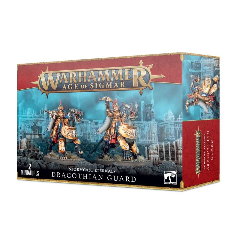 Warhammer Age of Sigmar - Stormcast Eternals - Dracothian Guard - Warhammer Age of Sigmar Dracothian Guard box featuring two gold-armored Stormcast Eternals on armored steeds with blue and.