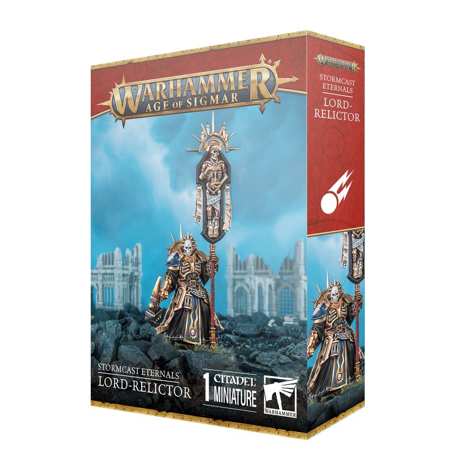 Warhammer Age of Sigmar - Stormcast Eternals - Lord-Relictor - Warhammer Age of Sigmar Lord-Relictor miniature box with detailed armored figure holding a banner, gold and silver armor.
