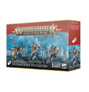 Warhammer Age of Sigmar - Stormcast Eternals - Stormstrike Palladors - Box set of Warhammer Age of Sigmar Stormstrike Palladors miniatures with painted Stormcast Eternals in blue and gold armor.