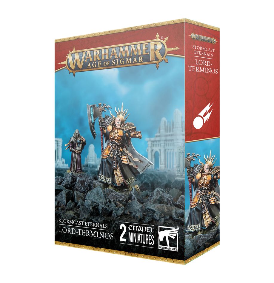 Warhammer Age of Sigmar - Stormcast Eternals - Lord-Terminos - Warhammer Age of Sigmar Stormcast Eternals Lord-Terminos boxed miniature set with armored warrior in gold and blue armor.