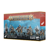 Warhammer Age of Sigmar - Stormcast Eternals - Reclusians - Warhammer Age of Sigmar Stormcast Eternals Reclusians set with five detailed gold and blue armored warrior miniatures on a.