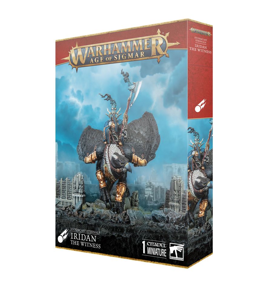 Warhammer Age of Sigmar - Stormcast Eternals - Irdan the Witness - Warhammer Age of Sigmar Irdan the Witness miniature box featuring armored warrior mounted on large armored eagle with.