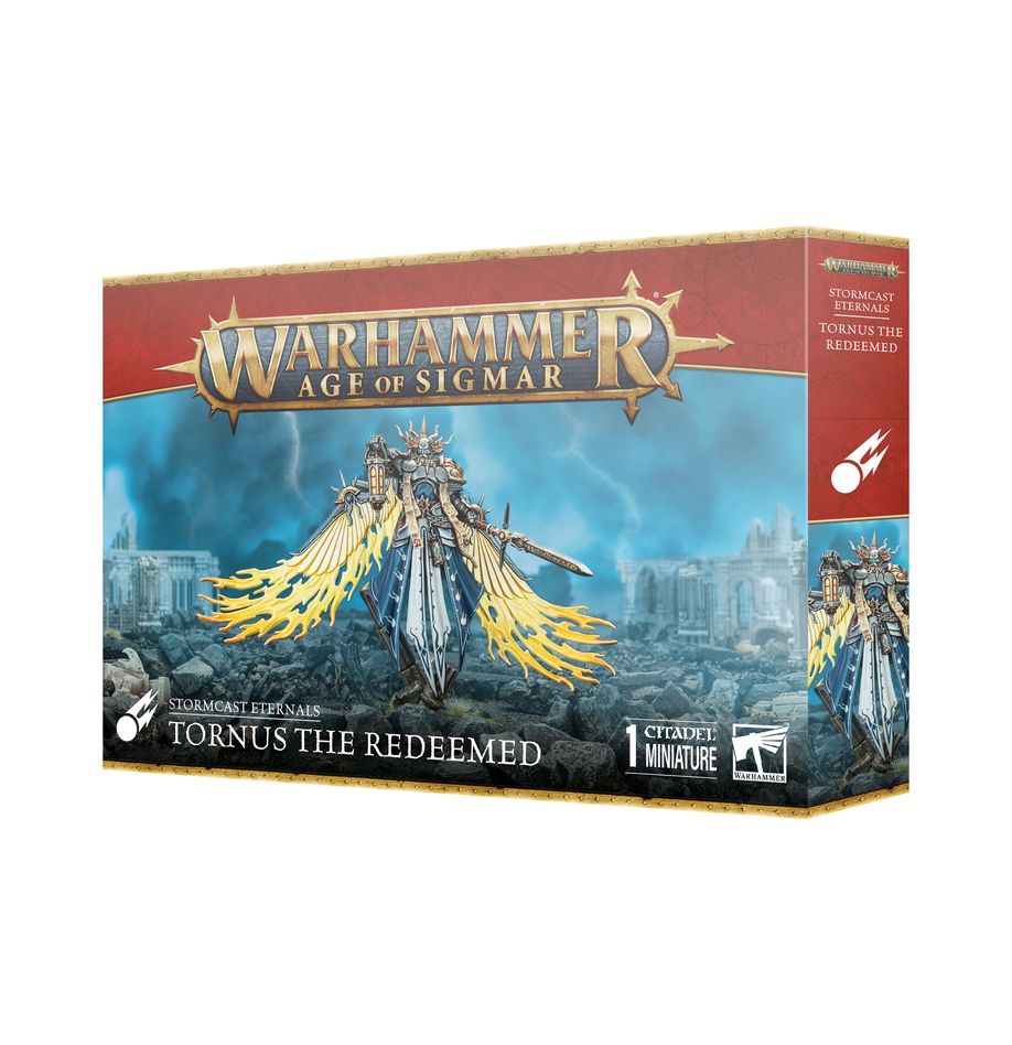 Warhammer Age of Sigmar - Stormcast Eternals - Tornus the Redeemed - Boxed Warhammer Age of Sigmar Tornus the Redeemed miniature with stormcast eternals artwork and branding on blue and red.