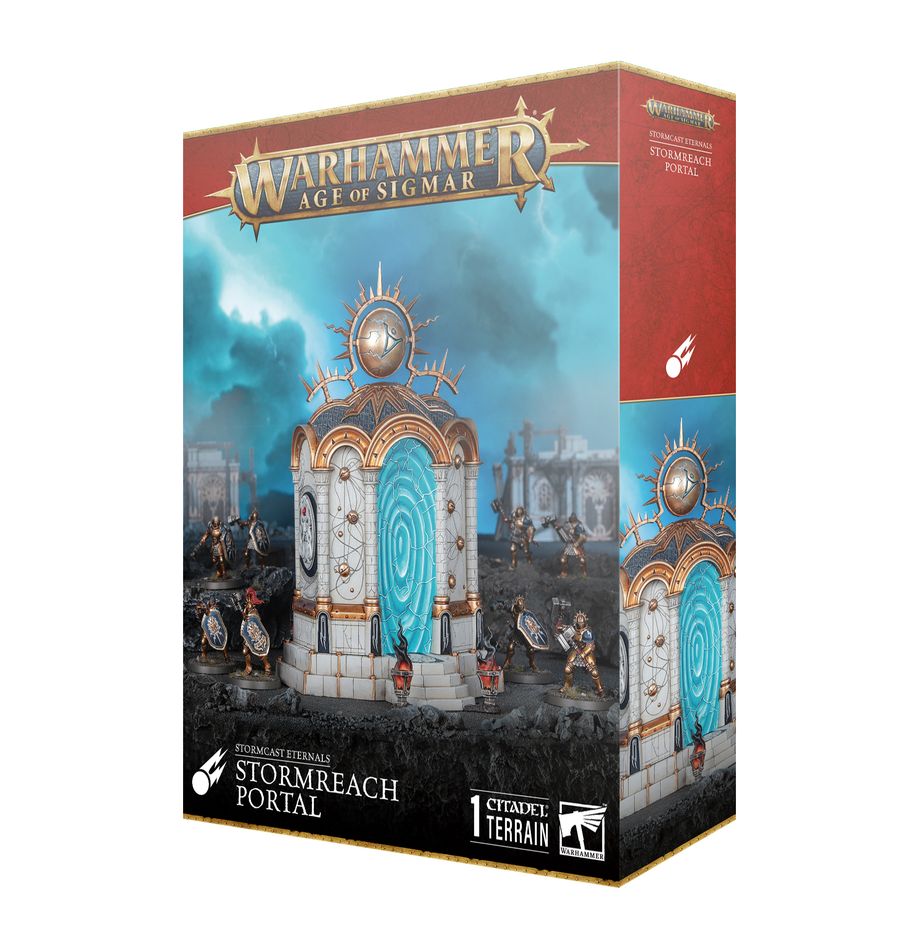 Warhammer Age of Sigmar - Stormcast Eternals - Stormreach Portal - Warhammer Age of Sigmar boxed set featuring a detailed gray stone archway with glowing blue portal and intricate gold.
