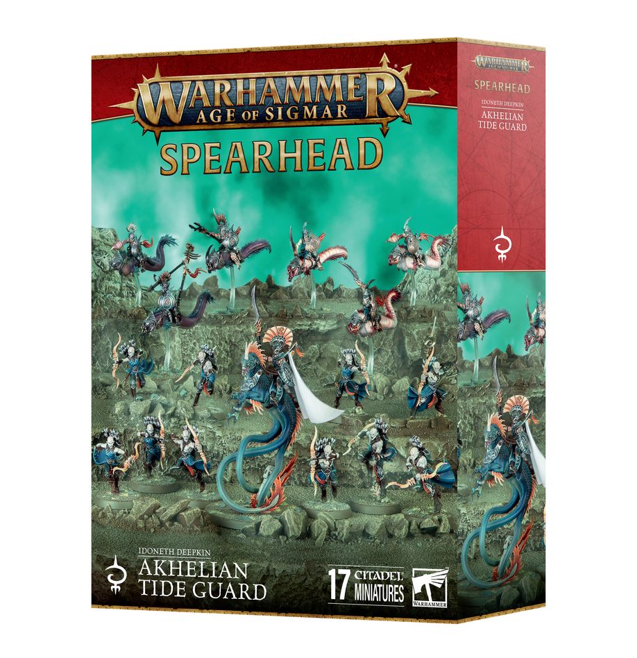 Warhammer Age of Sigmar - Idoneth Deepkin - Akhelian Tide Guard Spearhead - Warhammer Age of Sigmar Akhelian Tide Guard miniatures in blue and green aquatic armor with spears and sea creature mounts.