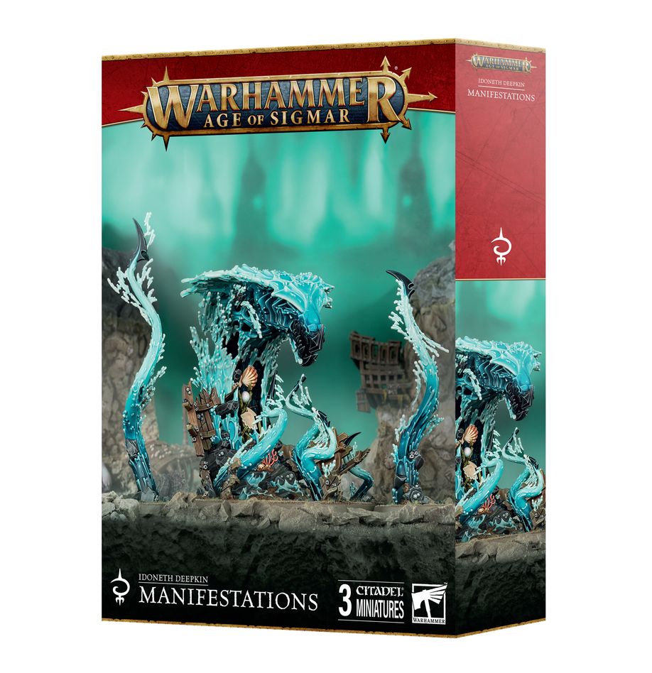 Warhammer Age of Sigmar - Idoneth Deepkin - Manifestations - Warhammer Age of Sigmar Idoneth Deepkin Manifestations set with three blue and white ghostly sea creature miniatures on.