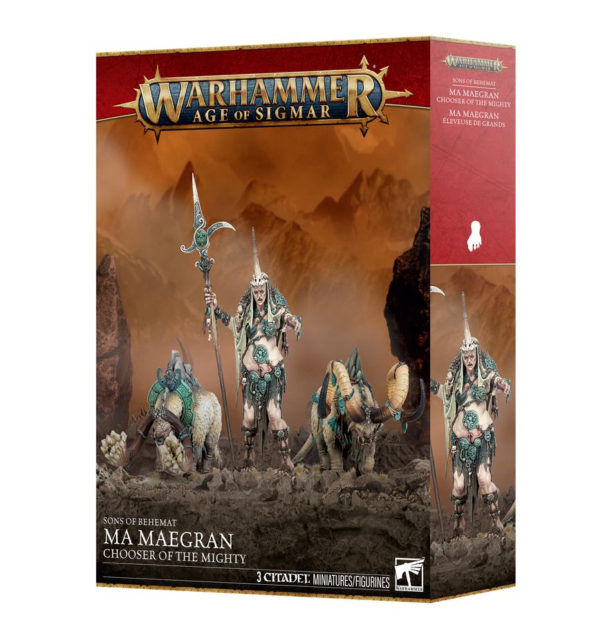 Warhammer Age of Sigmar - Sons of Behemat - Ma Maegran, Chooser of the Mighty (PREORDER) - Detailed painted miniature depicting Ma Maegran, Chooser of the Mighty, a large humanoid figure with ornate armor and twin.