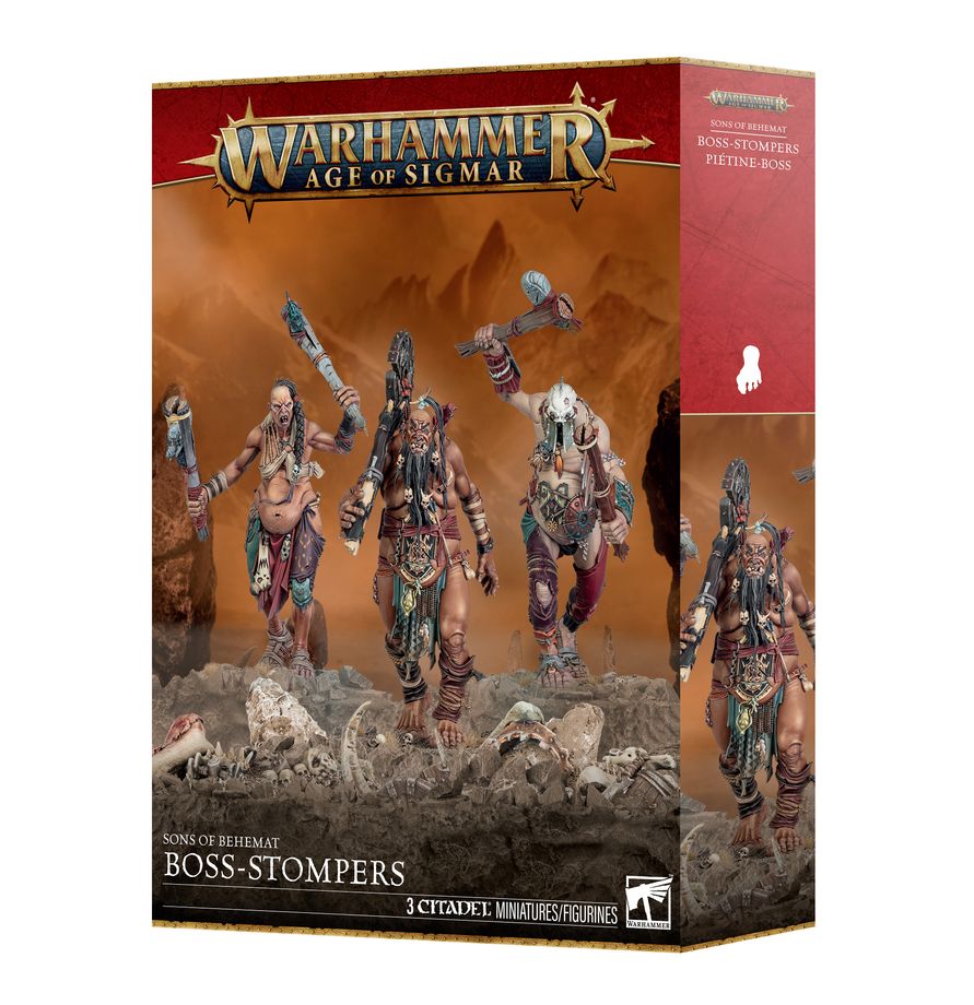 Warhammer Age of Sigmar - Sons of Behemat - Boss-stompers (PREORDER) - Boxed set of three detailed Sons of Behemat miniatures featuring warrior giants with weapons and armor in earthy tones,.