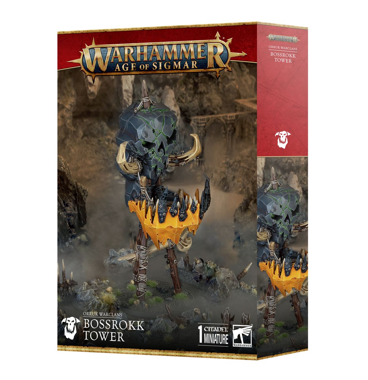 Warhammer Age of Sigmar - Orruk Warclans - Bossrokk Tower - Warhammer Age of Sigmar Orruk Warclans Bossrokk Tower box with detailed artwork featuring a large green and black Orc-like.