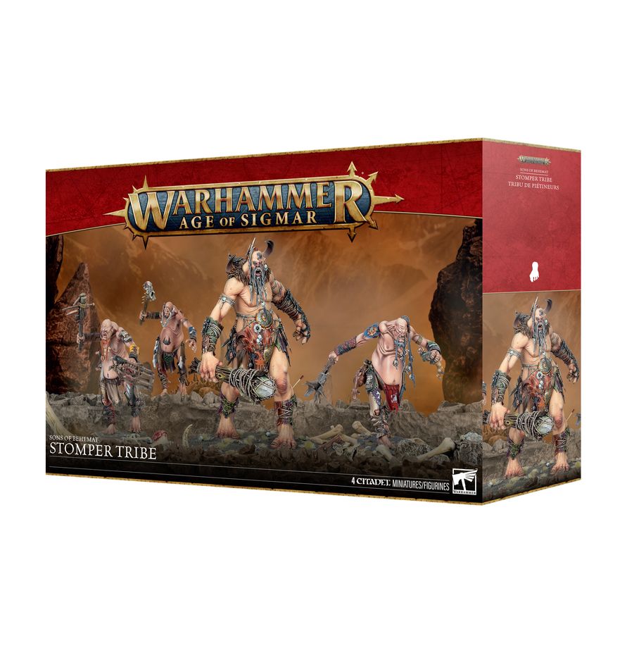 Warhammer Age of Sigmar - Sons of Behemat - Stomper Tribe (PREORDER) - Warhammer Age of Sigmar Sons of Behemat Stomper Tribe box with painted giant miniatures wielding weapons against a smoky.