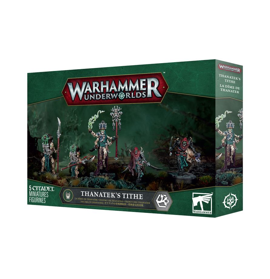 Warhammer Underworlds - Thanatek's Tithe (PREORDER) - Warhammer Underworlds Thanatek's Tithe boxed set featuring detailed fantasy character miniatures on a dark green background.