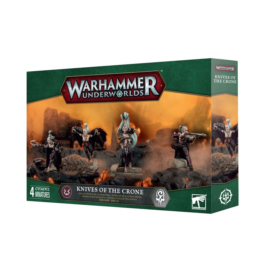 Warhammer Underworlds - Knives of the Crone - Warhammer Underworlds Knives of the Crone boxed set with dark fantasy miniatures on green and orange background.