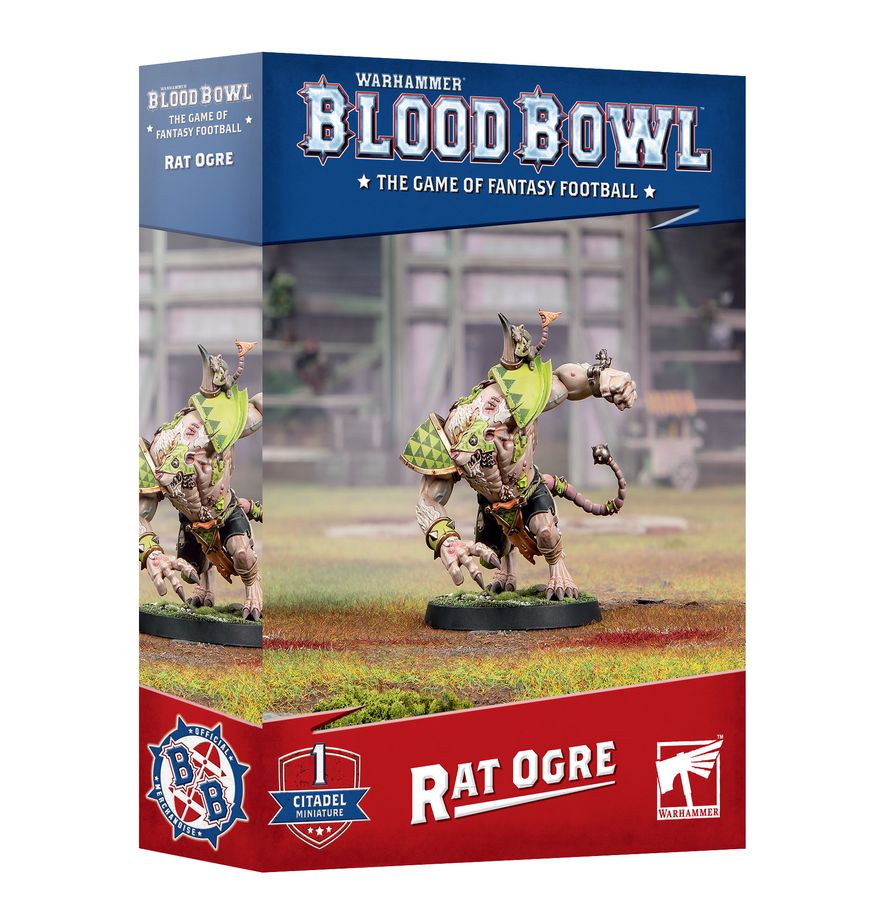 Warhammer Blood Bowl - Rat Ogre - Warhammer Blood Bowl Rat Ogre miniature in green and beige armor holding a ball, standing on textured base.