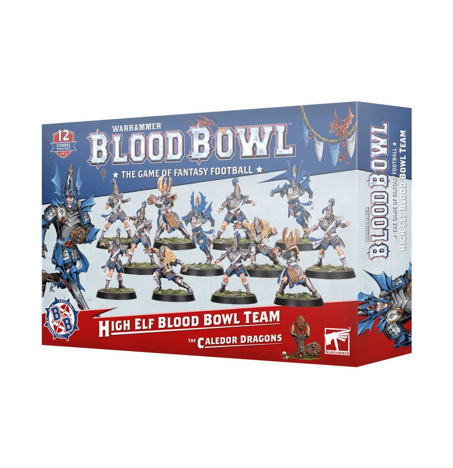 Warhammer Blood Bowl - High Elf Team: The Caledor Dragons (PREORDER) - Warhammer Blood Bowl High Elf Caledor Dragons team box featuring painted elf miniatures in white and blue armor with gold.