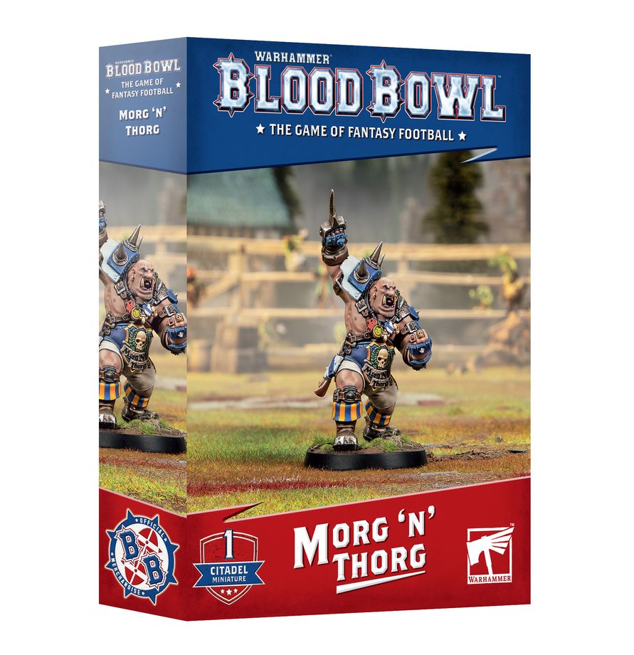 Warhammer Blood Bowl - Morg 'n' Thorg - Detailed painted Warhammer Blood Bowl Morg 'n' Thorg fantasy football miniatures with muscular armor and weapons, set on.
