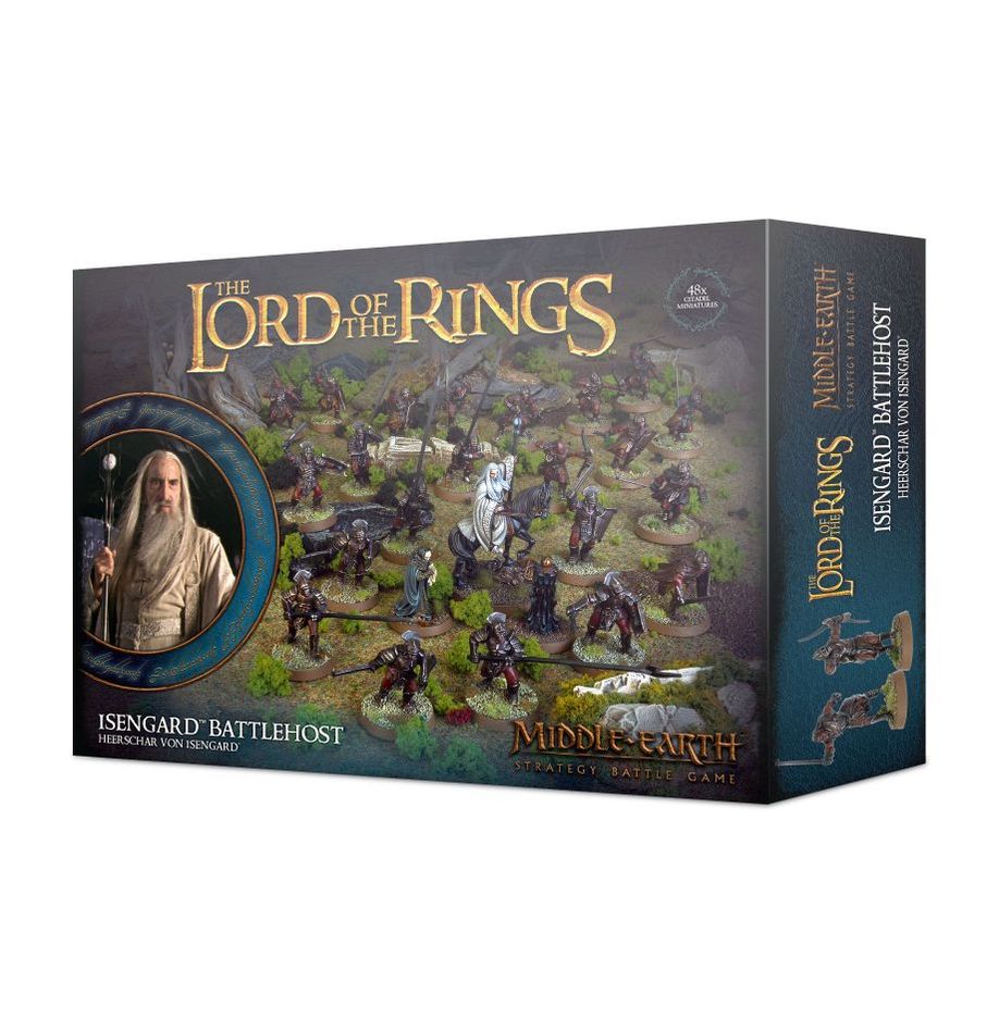 Middle-Earth Strategy Battle Game - Isengard Battlehost - Lord of the Rings Middle-Earth Strategy Battle Game Isengard Battlehost box with painted miniature figures and dark fantasy.