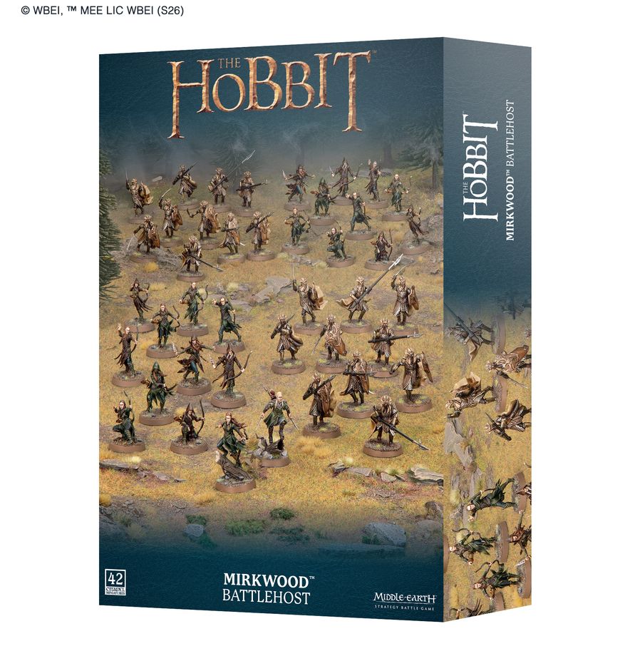 Middle-Earth Strategy Battle Game - Mirkwood Battlehost (PREORDER) - Boxed set featuring multiple painted miniature fantasy warriors in green and brown armor with bows and spears on desert-like