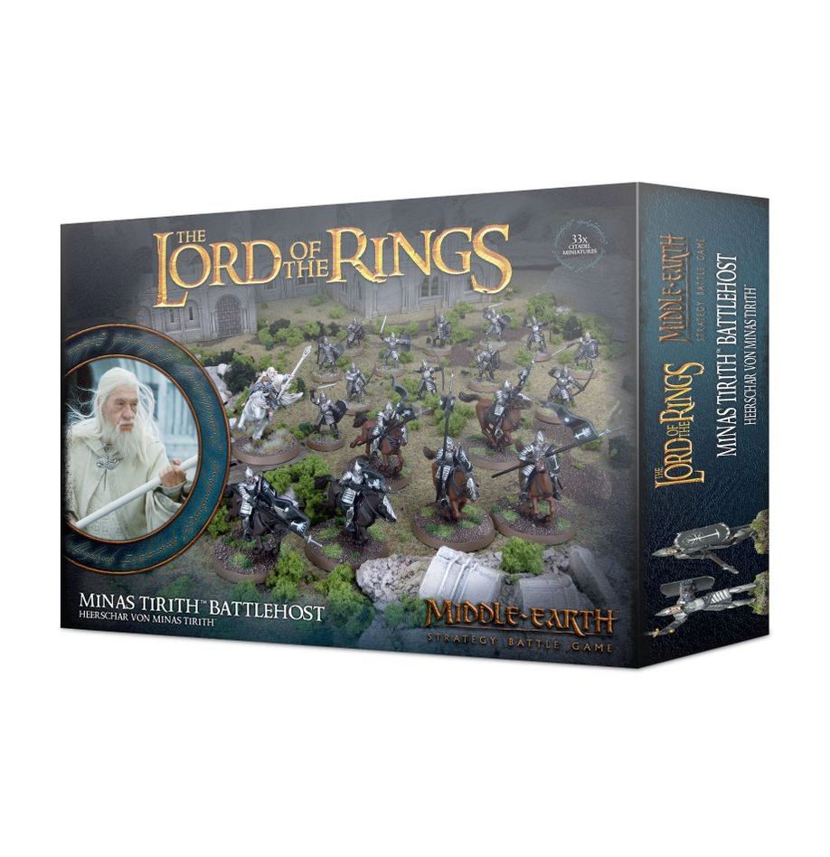 Middle-Earth Strategy Battle Game - Minas Tirith Battlehost - Middle-Earth Strategy Battle Game Minas Tirith Battlehost box featuring painted miniature warriors in silver armor with.