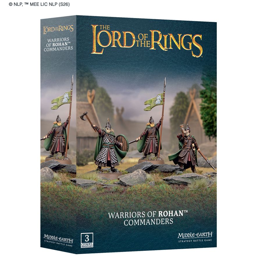 Middle-Earth Strategy Battle Game: Warriors of Rohan Commanders (PREORDER) - Box of Lord of the Rings Warriors of Rohan Commanders miniatures with painted figures holding green and white flags on rocky