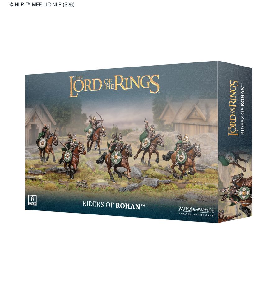 Middle-Earth Strategy Battle Game: Riders of Rohan (PREORDER) - Middle-earth Strategy Battle Game box featuring painted Riders of Rohan miniature figures on horseback in a misty village.