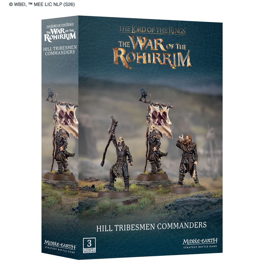 Middle-Earth Strategy Battle Game: Hill Tribesmen Commanders (PREORDER) - Box art for Middle-Earth Strategy Battle Game featuring three painted Hill Tribesmen Commanders miniatures with weapons on a