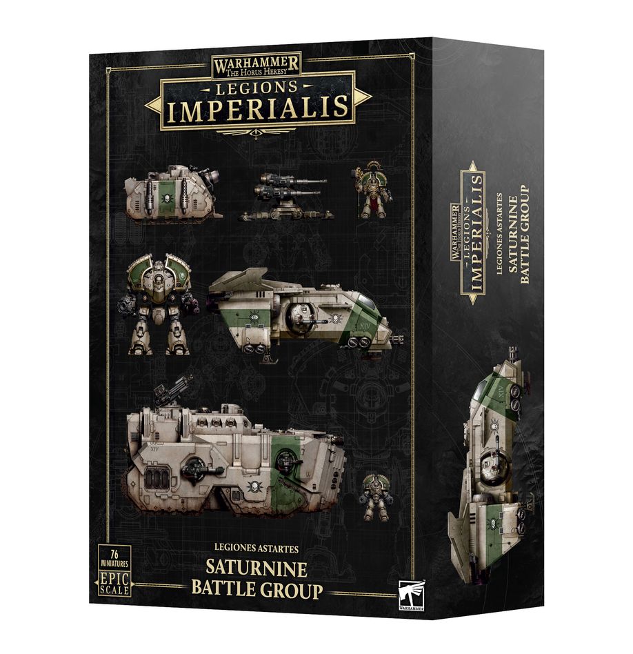 Warhammer: The Horus Heresy - Legions Imperialis - Saturnine Battle Group - Warhammer Legions Imperialis Saturnine Battle Group box showing detailed green and white armored infantry, tanks, and.
