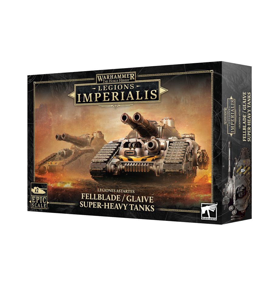 Warhammer: The Horus Heresy - Legions Imperialis - Fellblade Super-heavy Tanks (PREORDER) - Warhammer Legions Imperialis Fellblade tank box art featuring a large, heavily armored tank with multiple cannons and heavy.
