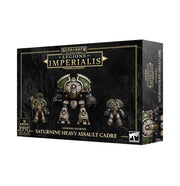 Warhammer: The Horus Heresy - Legiones Astartes - Saturnine Heavy Assault Cadre (PREORDER) - Warhammer Legiones Imperialis Saturnine Heavy Assault Cadre box black with detailed armored Space Marines in green and gold.