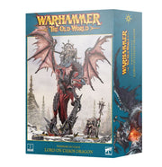 Warhammer: The Old World - Warriors of Chaos - Lord on Chaos Dragon - Warhammer The Old World box featuring a red-scaled chaos dragon with bat-like wings and a heavily armored warrior wielding a