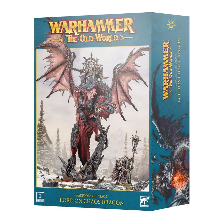 Warhammer: The Old World - Warriors of Chaos - Lord on Chaos Dragon - Warhammer The Old World box featuring a red-scaled chaos dragon with bat-like wings and a heavily armored warrior wielding a
