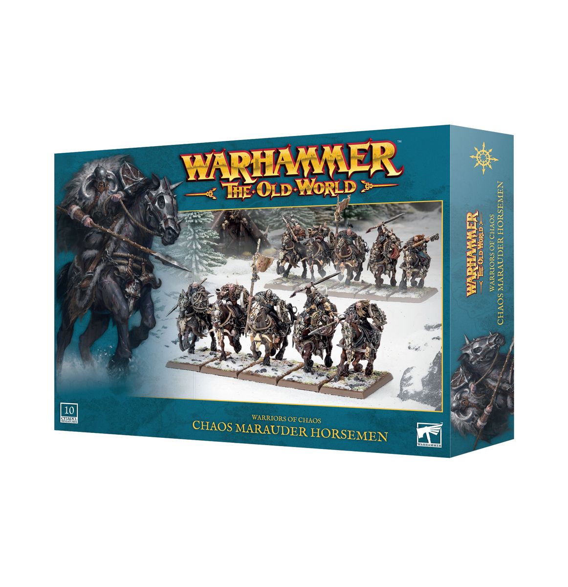 Warhammer: The Old World - Warriors of Chaos - Chaos Marauder Horsemen - The Old World featuring Chaos Marauder Horsemen miniatures in dark armor riding fierce horses with weapons and spiked.
