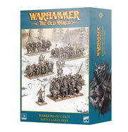 Warhammer: The Old World - Warriors of Chaos - Battle March Army - The Old World box featuring assembled brown and metal Warriors of Chaos miniatures on snowy battlefields.