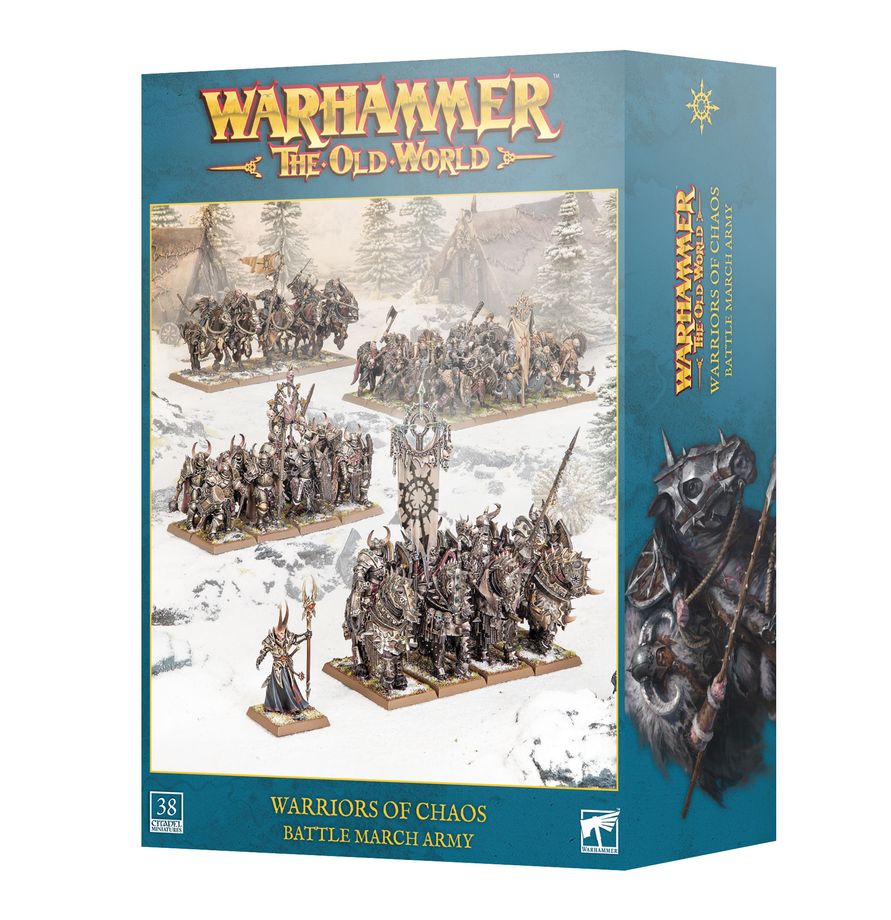 Warhammer: The Old World - Warriors of Chaos - Battle March Army - The Old World box featuring assembled brown and metal Warriors of Chaos miniatures on snowy battlefields.