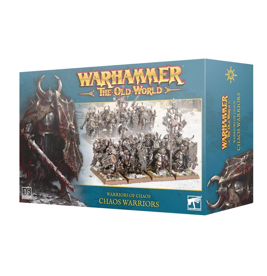 Warhammer: The Old World - Warriors of Chaos - Chaos Warriors - Boxed set of detailed plastic Chaos Warrior miniatures in dark armor with horns and weapons for Warhammer tabletop game.