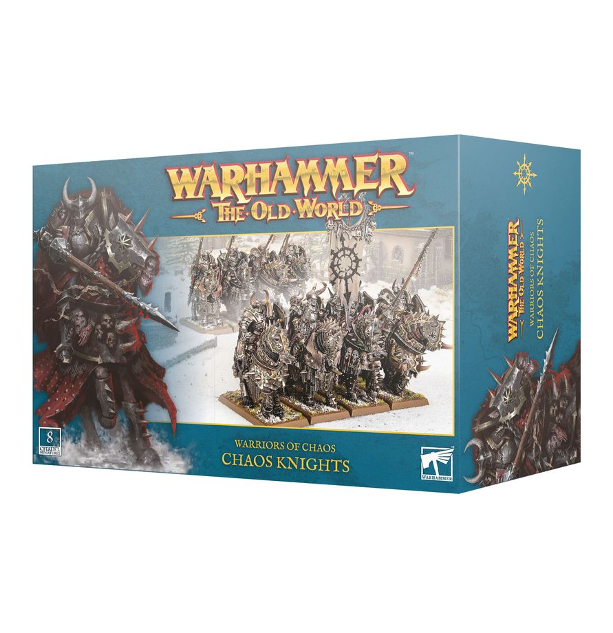 Warhammer: The Old World - Warriors of Chaos - Chaos Knights - The Old World Chaos Knights box featuring detailed dark armored cavalry miniatures with spiked helmets and chaotic symbols.