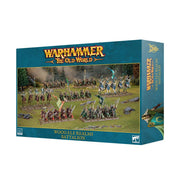 Warhammer: The Old World - Wood Elf Realms - Batalion - The Old World Wood Elf Realms Battalion box featuring fantasy miniatures in green and brown armor on a grassy battlefield.