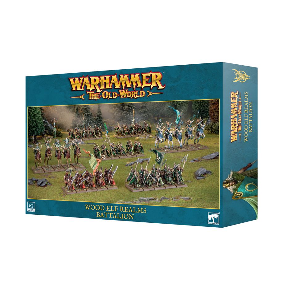 Warhammer: The Old World - Wood Elf Realms - Batalion - The Old World Wood Elf Realms Battalion box featuring fantasy miniatures in green and brown armor on a grassy battlefield.