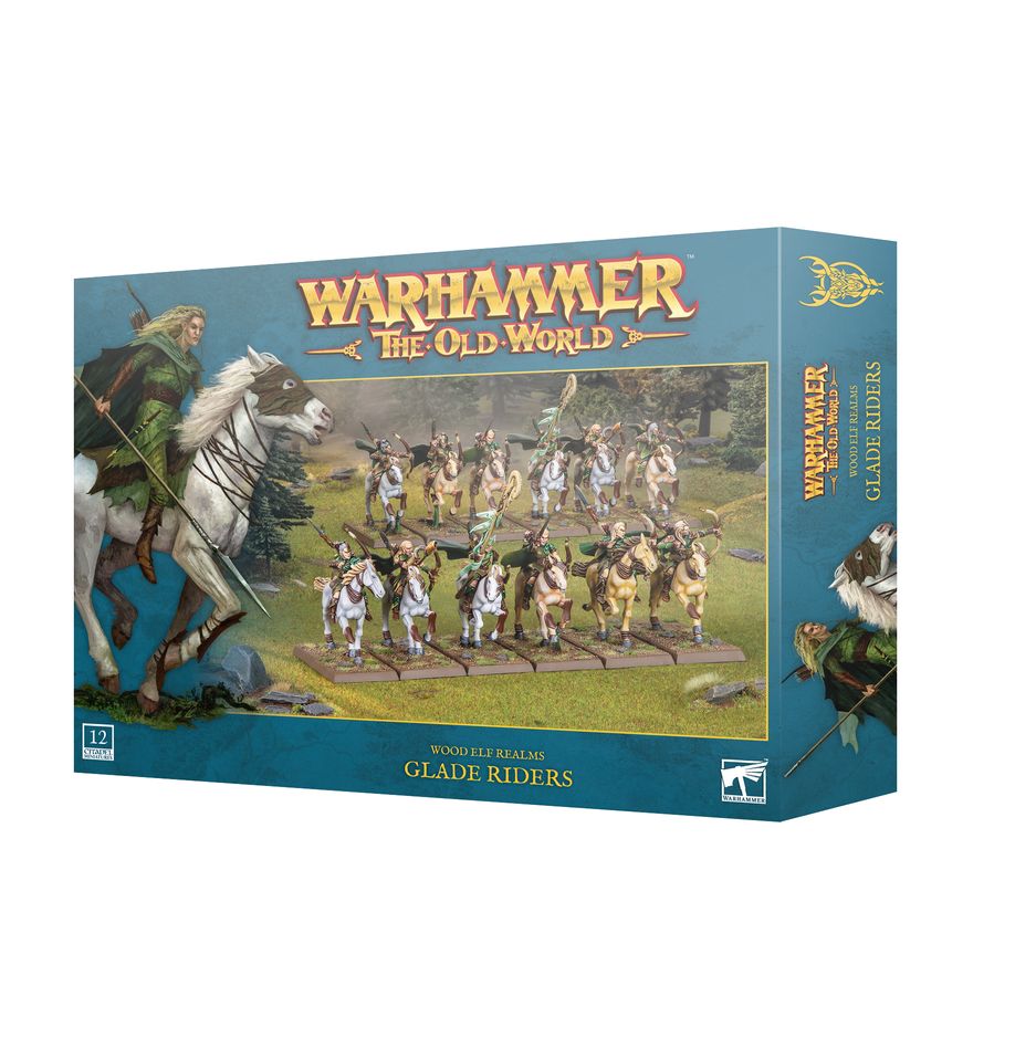 Warhammer: The Old World - Wood Elf Realms - Glade Riders - Warhammer The Old World Glade Riders box featuring painted Wood Elf cavalry miniatures on spears with green and brown armor.
