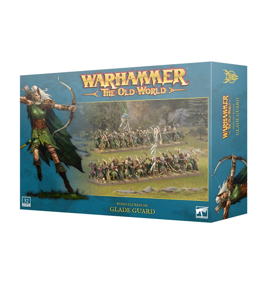 Warhammer: The Old World - Wood Elf Realms - Glade Guard - The Old World box featuring Wood Elf Glade Guard miniatures with green cloaks and bows on forest battlefield background.