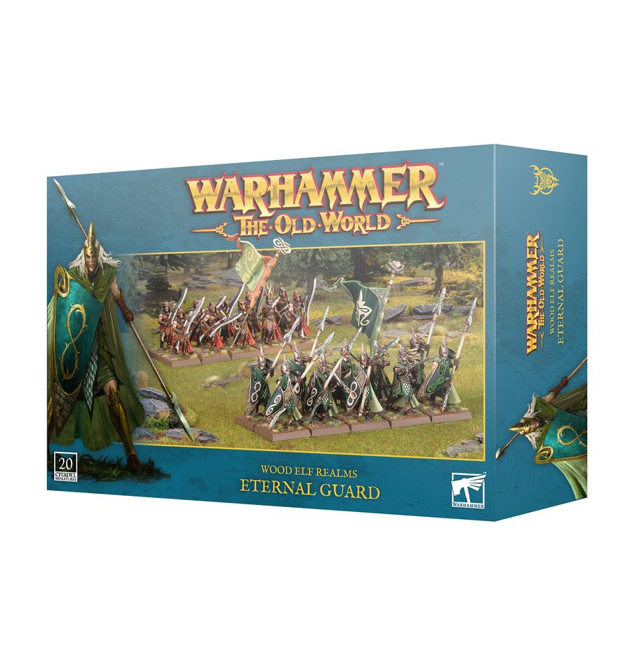 Warhammer: The Old World - Wood Elf Realms -Eternal Guard - The Old World Wood Elf Eternal Guard box featuring fantasy archers in green and brown armor with bows and leafy banners.