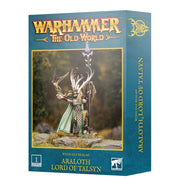 Warhammer: The Old World - Wood Elf Realms - Araloth, Lord of Talsyn - The Old World box featuring a detailed painted miniature of Araloth, Lord of Talsyn, clad in green and brown forest armor.
