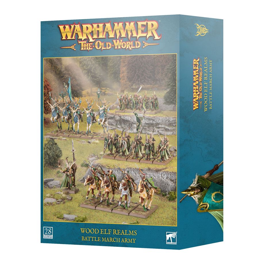 Warhammer: The Old World - Wood Elf Realms - Battle March Army (PREORDER) - Warhammer The Old World Wood Elf Realms Battle March Army box featuring painted miniature elf soldiers in green and brown.
