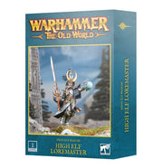 Warhammer: The Old World - High Elf Realms - Loremaster - The Old World High Elf Loremaster miniature box with detailed elf warrior holding a sword and magical staff against a blue.