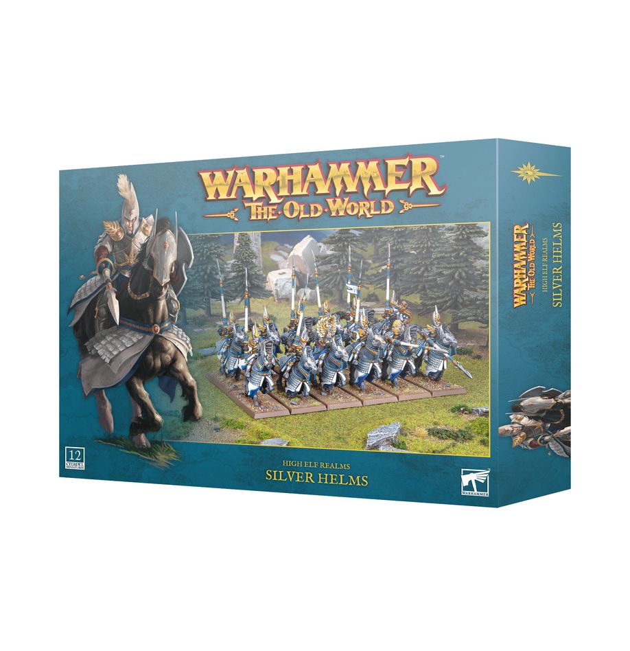 Warhammer: The Old World - High Elf Realms - Silver Helms - The Old World box featuring High Elf Silver Helms cavalry miniatures in silver armor with blue accents and ornate helmets.