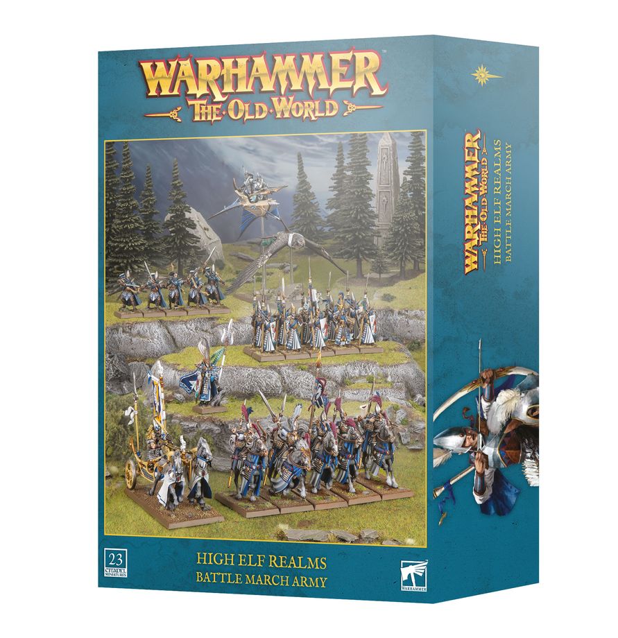 Warhammer: The Old World - High Elf Realms - Battle March Army (PREORDER) - Warhammer The Old World High Elf Realms Battle March Army box featuring painted miniature soldiers in silver and blue armor.