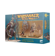 Warhammer: The Old World - Tob Kings of Khemri - Royal Heralds - The Old World miniature set featuring skeletal warriors in ornate armor with banners and weapons on textured bases.