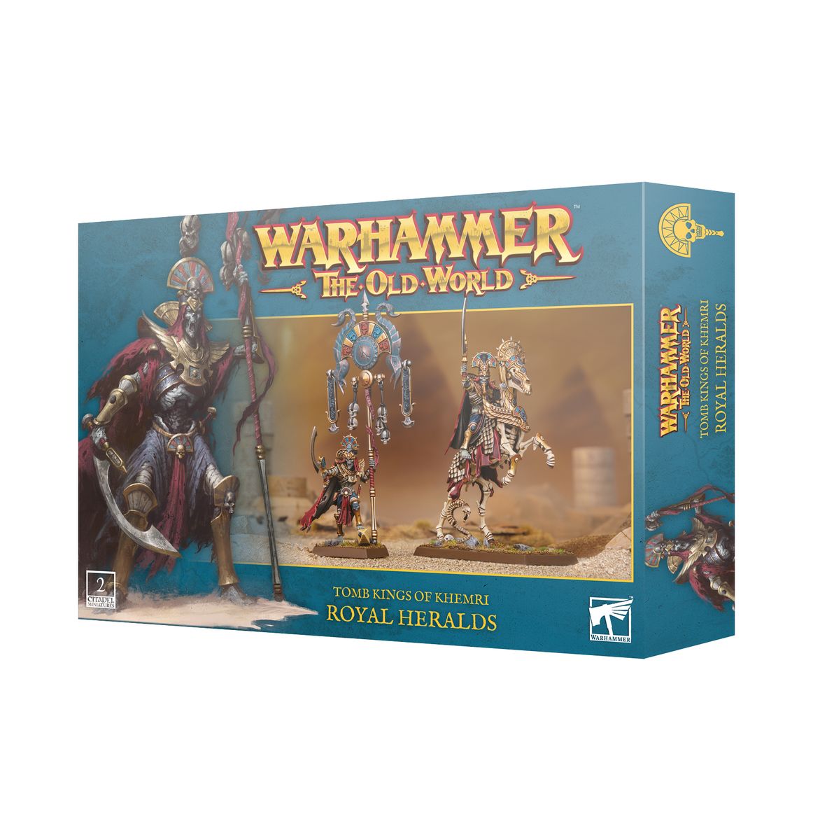 Warhammer: The Old World - Tob Kings of Khemri - Royal Heralds - The Old World miniature set featuring skeletal warriors in ornate armor with banners and weapons on textured bases.