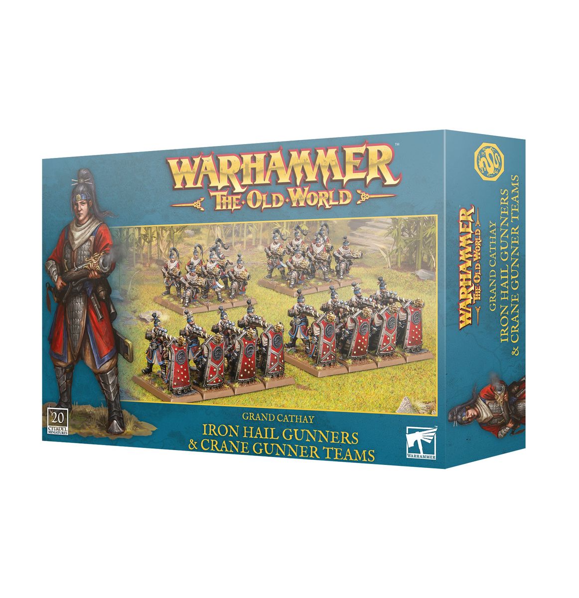 Warhammer: The Old World - Grand Cathay - Iron Hail Gunners & Crane Gunner Teams (PREORDER) - Warhammer Old World Grand Cathay Iron Hail Gunners and Crane Gunner Teams boxed set with painted miniature soldiers in red.