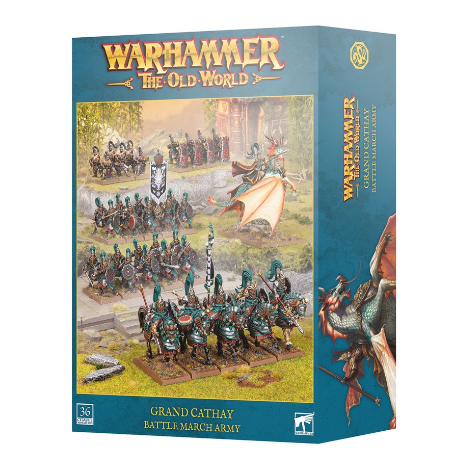 Warhammer: The Old World - Grand Cathay - Battle March Army - The Old World Grand Cathay Battle March Army box featuring detailed fantasy warrior miniatures in dark armor with teal and.